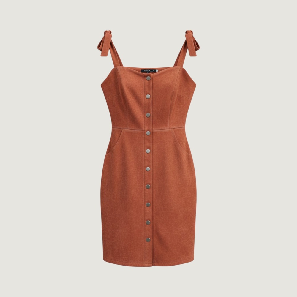 Allegra K Rust Orange Faux Suede Button Front Tie Shoulder Mini Dress XS